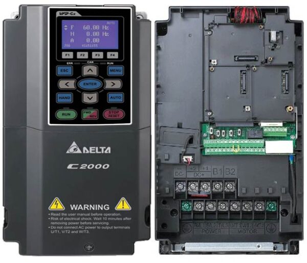 Variador VFD-C2000 Aplicaciones: Grúas, transportadoras, trituradoras, bombas, ventiladores. Modos de control por velocidad, par y posición. Rango de potencias: 220v / 3 fases De 0.75 kW (1HP) hasta 90 kW (125HP)